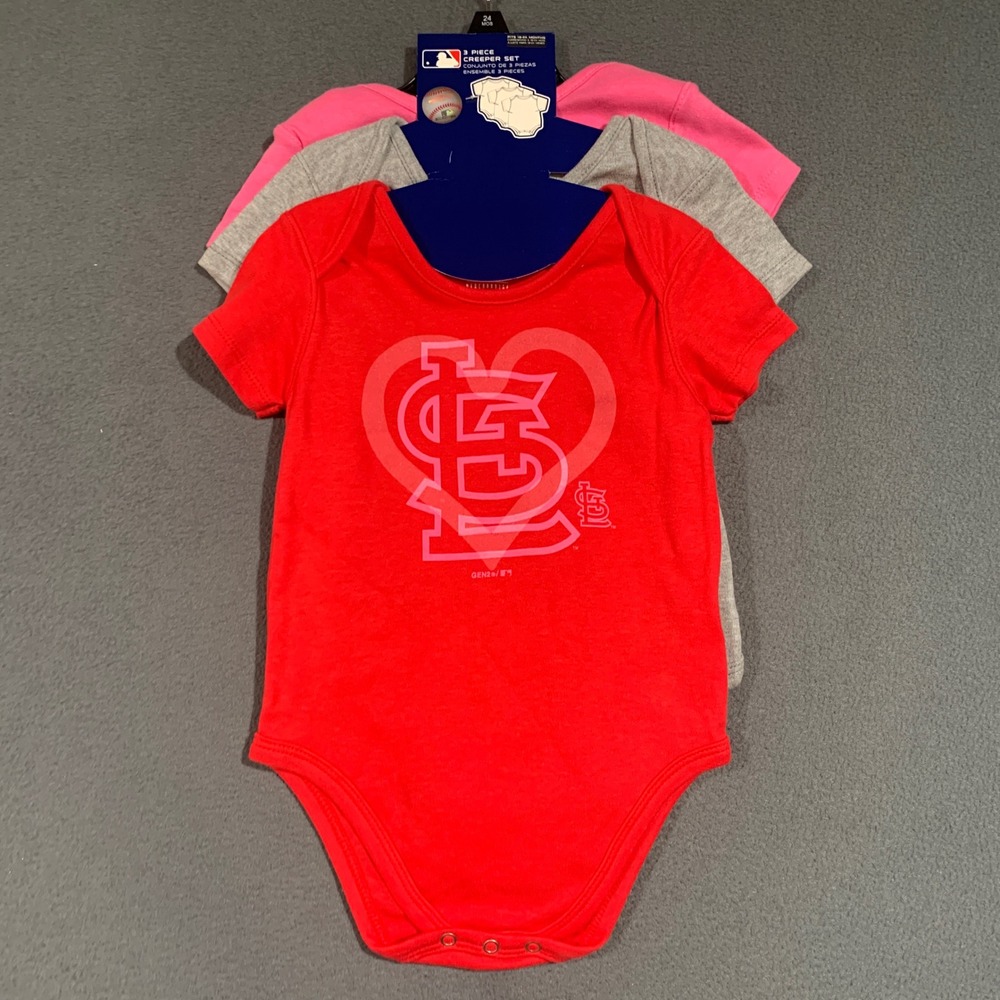 MLB St Louis Cardinals Baby Girls 3 Piece Bodysuit Set 24‎ Months Red Grey Pink